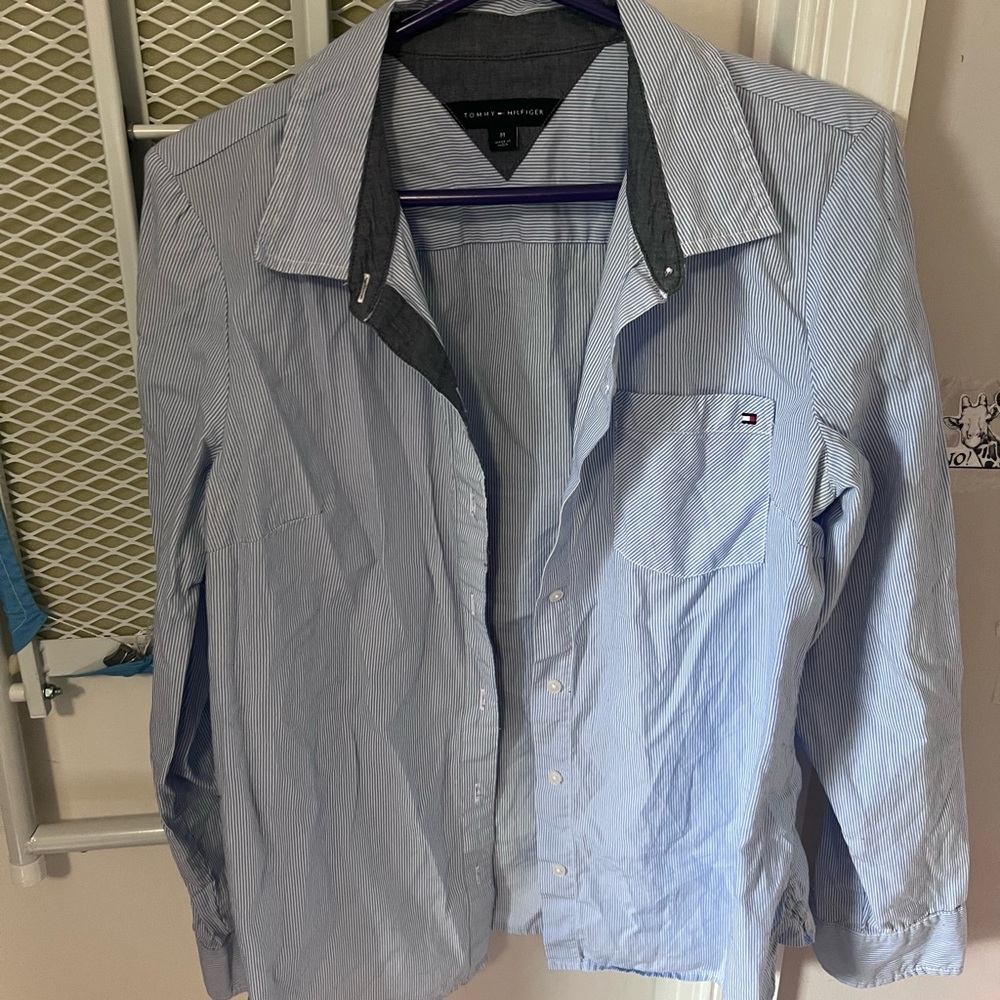 Tommy Hilfiger Blue and Gray Button Down Shirt